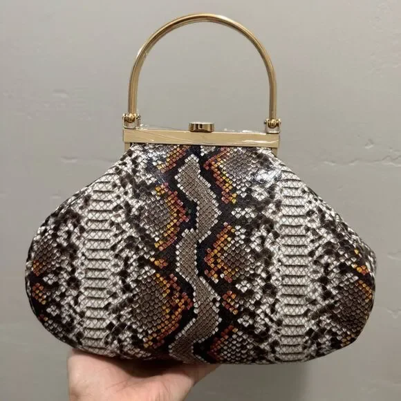 Unique Design! Genuine Cowhide Snake Skin Embossed Top Handle Bag/Crossbody - Picture 2 of 13